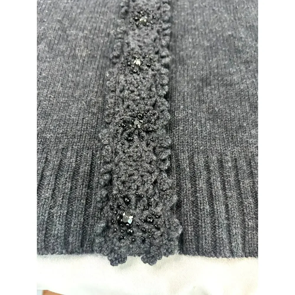 Sarah Spencer Womens S Gray Merino Wool Beaded Trim Button Cardigan Sweater